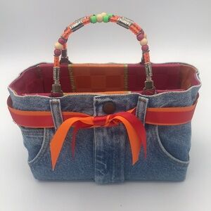 Original Denim Jean BOOTIE BAG Handbag w/Beaded Handles & Ribbons #075397